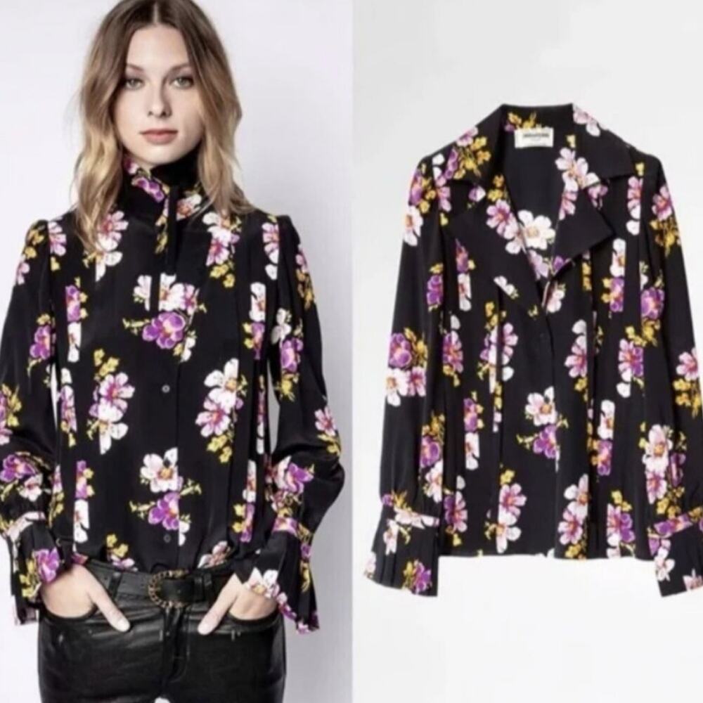 Zadig & Voltaire Defile Tessa Floral Peonies 100% Silk Tie Neck Blouse XS